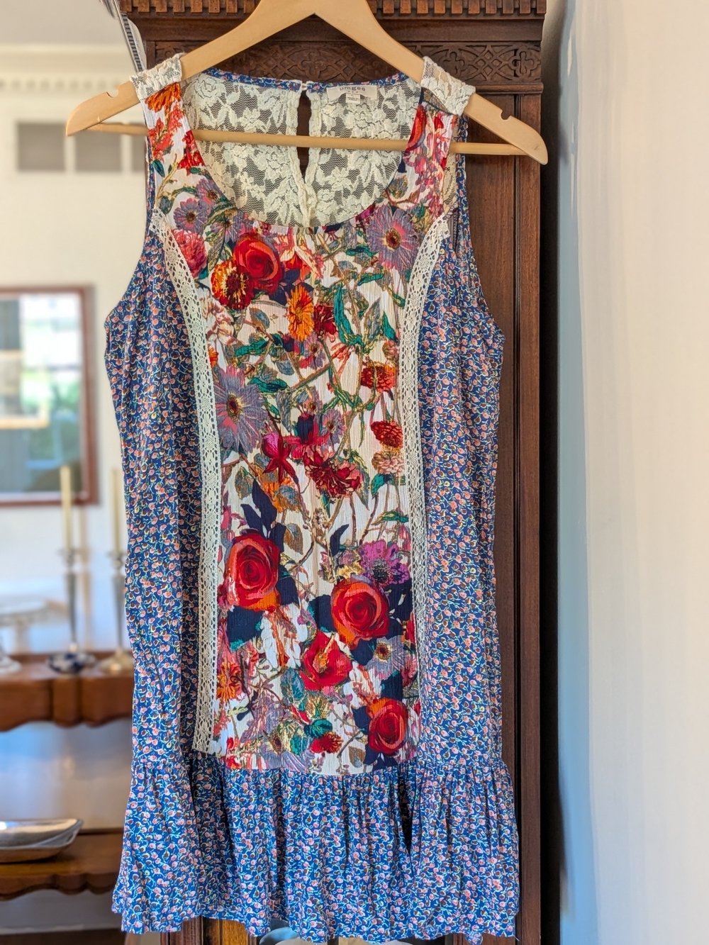 Umgee Boho Patchwork Flowy Floral Dress With Lace Back